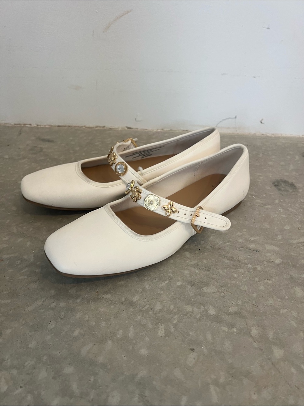 a new day Cream Mary Jane Flats with Gold Floral Accents